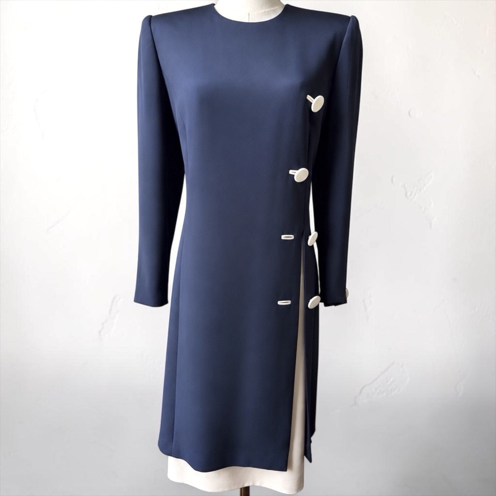 Vintage Stanley Platos Martin Ross Navy Silk Layered Button Dress 14